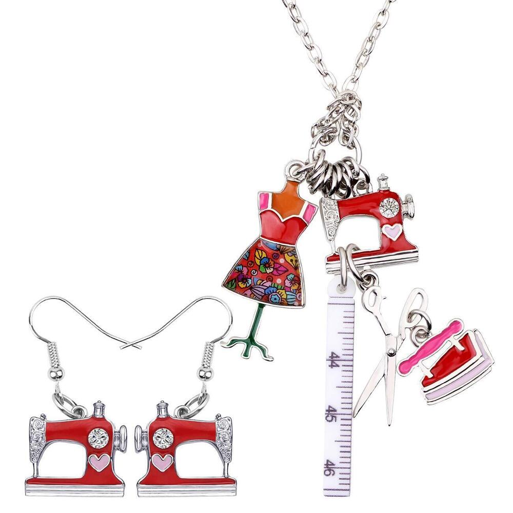9906 Vintage Sewing Machine Earring Necklace Enamel Alloy Rhinestone Ruler